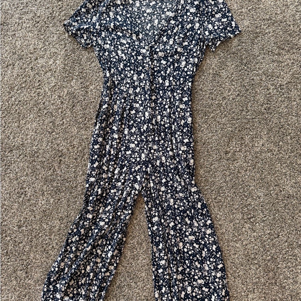 Vici Navy and White Floral Short-Sleeve Jumpsuit